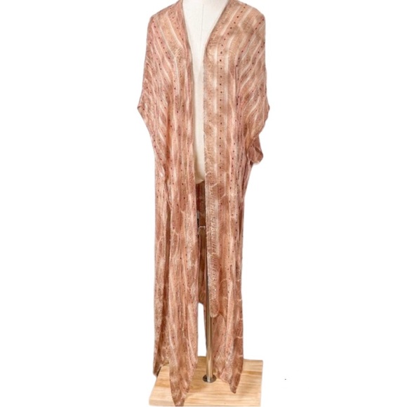 Free People Bronze Tie Dye Shimmer Crochet Kimono Maxi Kaftan Duster Coverup - Picture 16 of 16